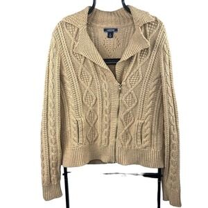 Lands End Tan Beige Asymmetrical Zip Up Cardigan Size L 14-16 Cable Knit